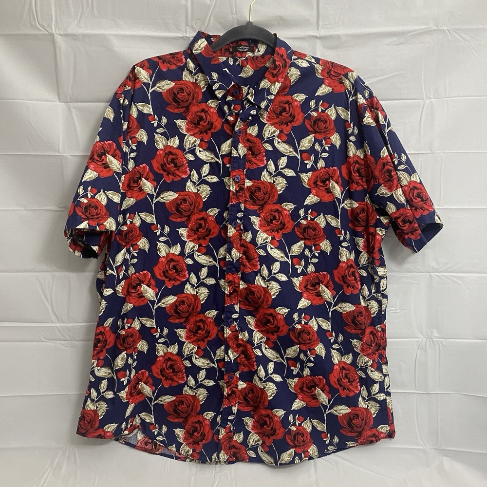 Coofandy‎ Men's Navy Blue Rose Print Shirt Size XXL Button Up